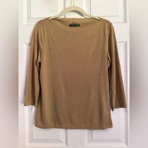 Lauren Ralph Lauren Gold Metallic Top Green Label Petite Large Holiday Y2K 90’s